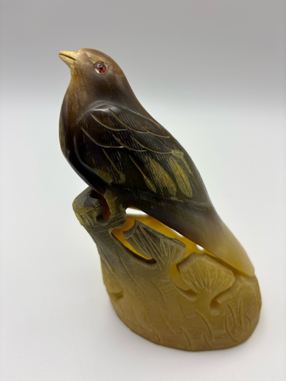 Vintage Hand-Carved Buffalo Horn Bird Figurine Mid Century Era Songbird Decor